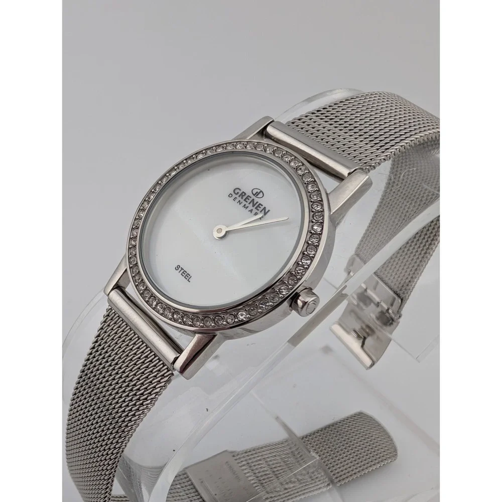 Grenen Denmark Watch Women 26mm‎ Mesh Band Crystal Accents MOP Dial- New Battery